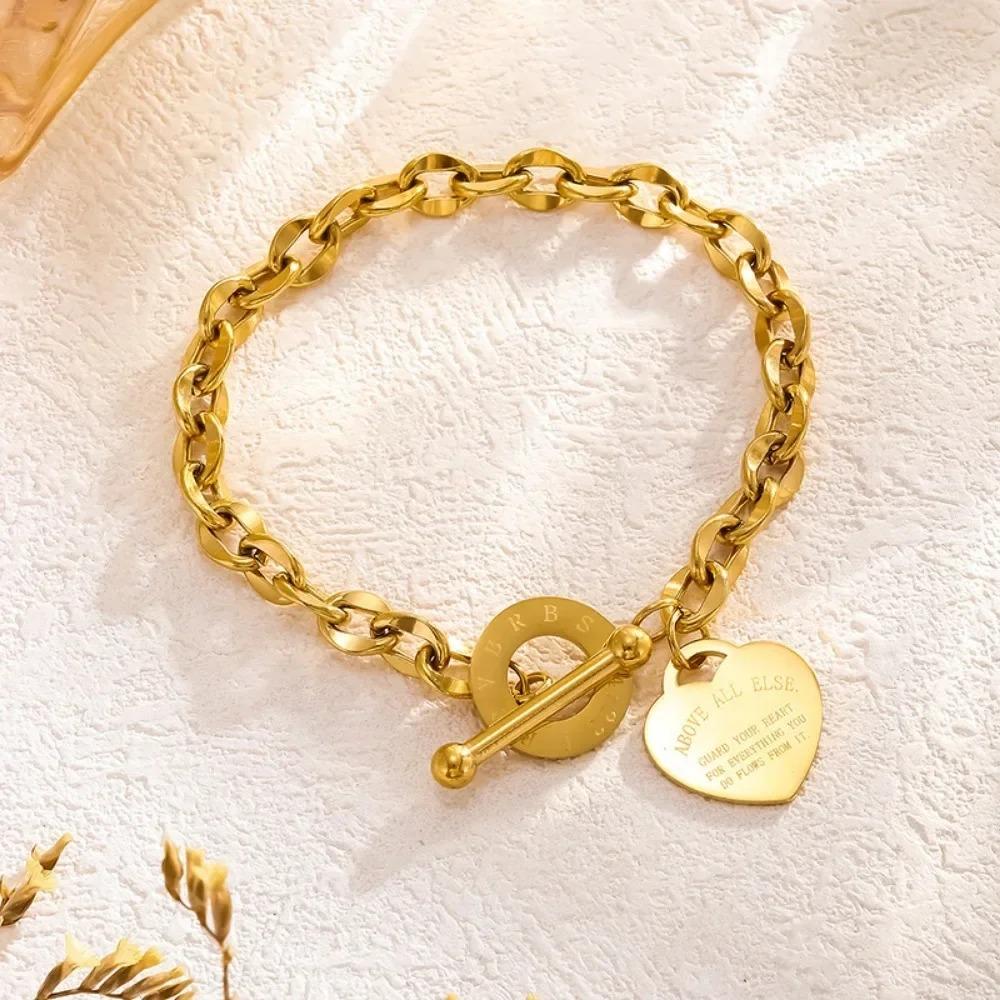 Edelstahl Herz Anhänger Gliederkette mit Light Luxury OT-Schloss – Elegantes Modearmband für Damen Mädchen Geschenk