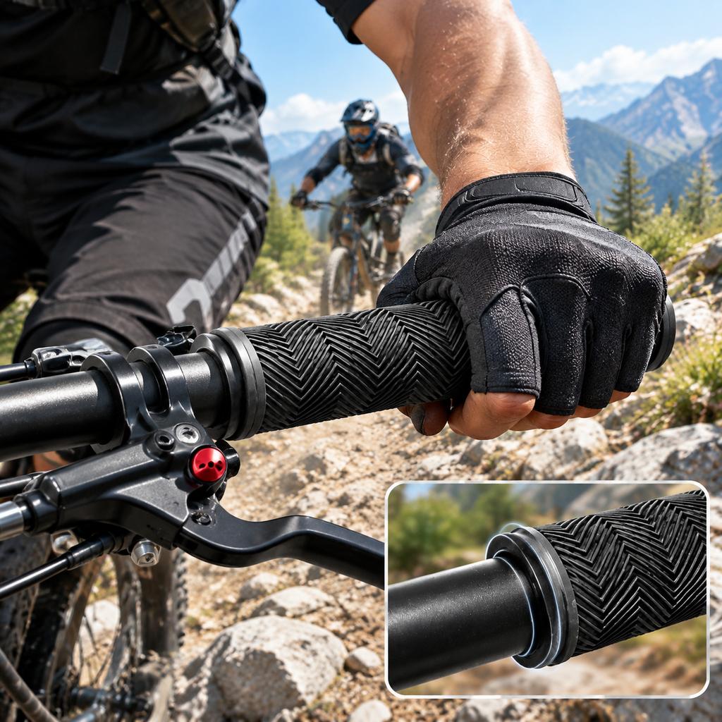 Bicycle Handlebar Grips, Water Ripple Dual-Open Rubber, Fits 2.22-2.54cm Bars, 1 Pair with Dust Plugs