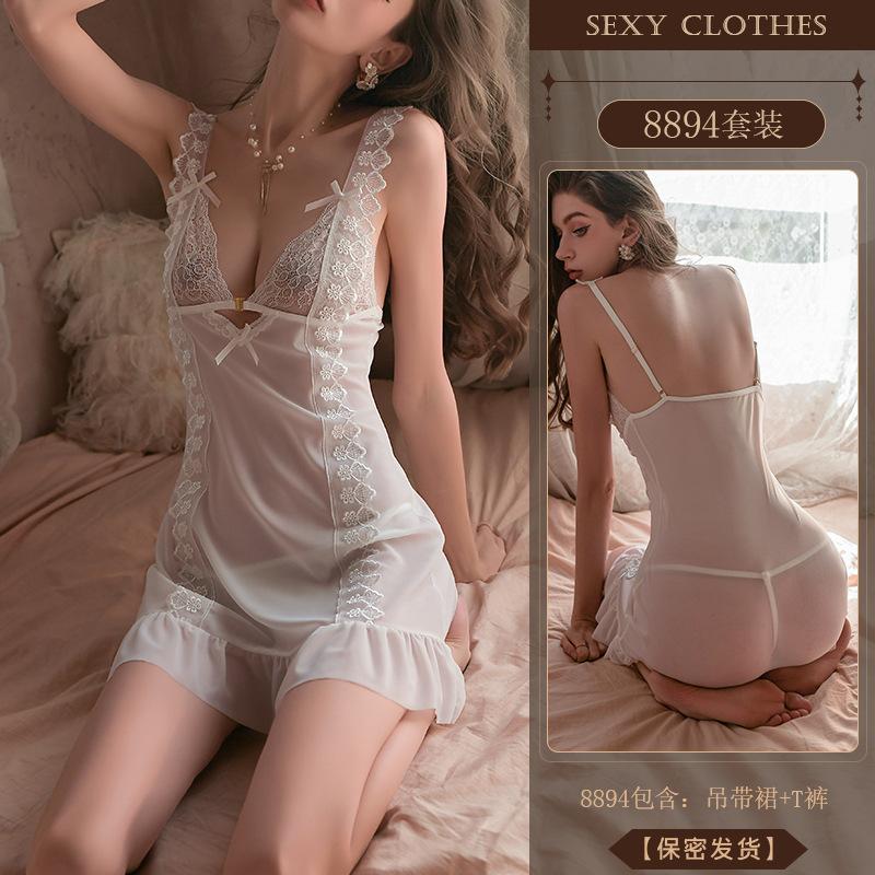 Original Erotic Underwear, Sexy Pure Sleepiness Skirt, Hot Lace Seductive Deep V See-through Pajamas That Don't Need To Be Taken Off 8894