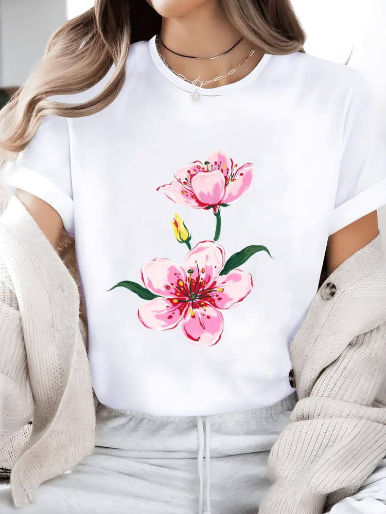 (Asian Size) watercolor flower trend Casual Women's Top T T-shirts Fashion O-neck Female Clothing Print Short Sleeve Graphic Tee