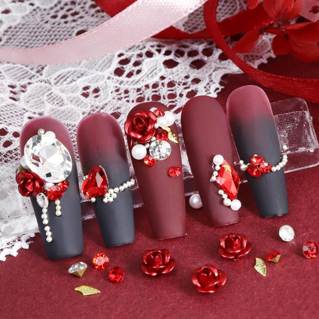 Valentinstag Sprudelwasser Diamant Scharfer Boden Diamant Rote Rose Metall Aluminium Blume Nagelzubehör DIY Anhänger Nageldekoration
