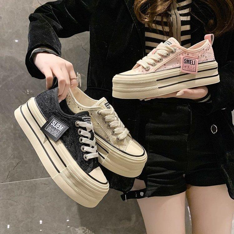 Women's Canvas Shoes  Summer New Mesh Breathable Increased Women's Shoes Ins Trendy Women's Casual Sports White Shoes