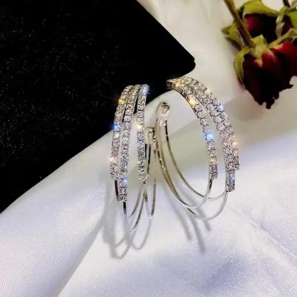 1 Pcs Fashion Jewelry Accessories Women Exaggerated Rhinestone Sparkling Round Hoop Earrings Large Round Earrings