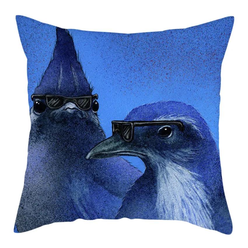 Animal Series Blue Bird Print Cushion Cover Art Painting Bird Polyester Pillow Case For Sofa Bed Pillow Cover Home Decor 45X45Cm