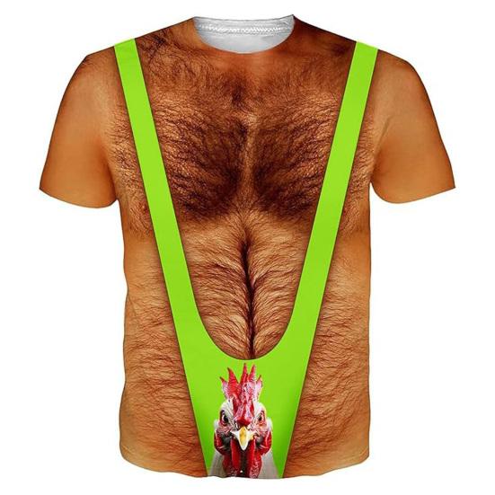 Chest Hair Toupee T-Shirt, Men Funny Muscle Shirt with False Chest Hair, Six Pack Ugly Muscle Tee, Loose Fit Shirt for Bachelor Party Carnivals