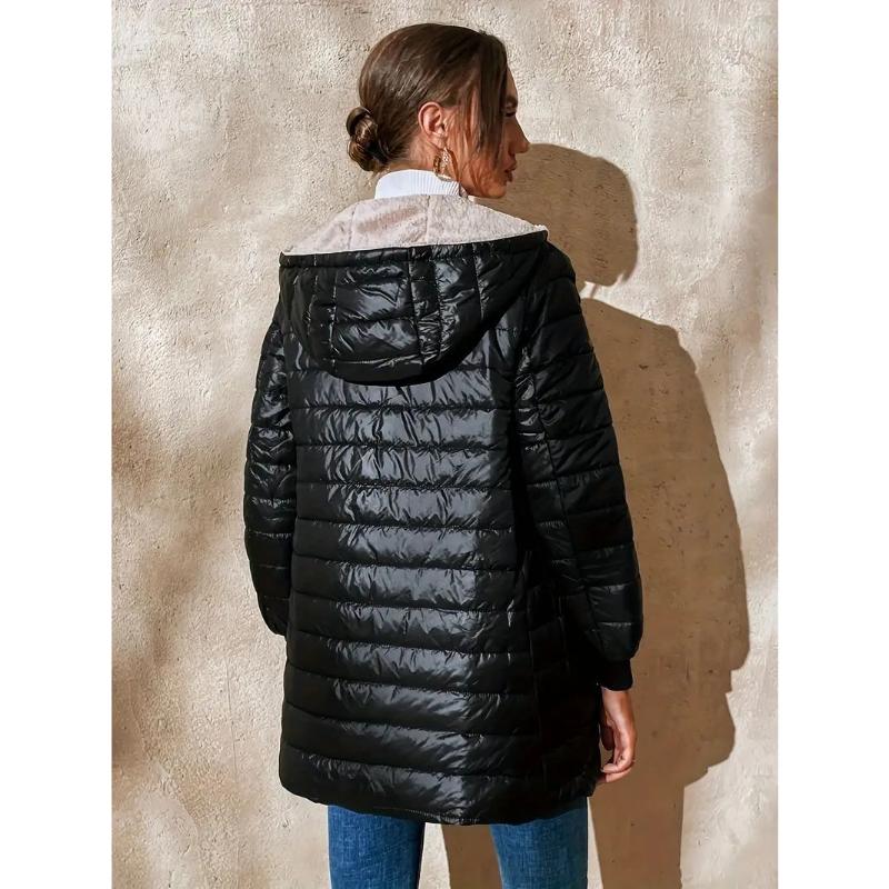 2025 Winter Women's Mid-Length Quilted Parka, Hooded Fleece Lined Loose Fit Thermal Jacket with Zipper, Warm Padded Casual Coat for Cold Weather