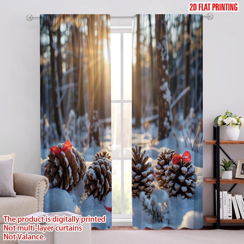 

Set Of 2 Flat Printing Christmas Curtains Pine Forest Winter Season Polyester Without Electricity Festive Perfect Made W100*H70(CM)-Hooks&1PCS