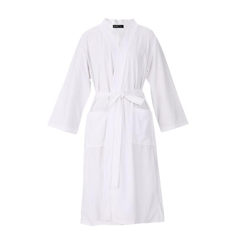 Waffle Pattern Bathrobe Couple Pajamas, Unisex Summer Three-Quarter Sleeve, Korean Style, Polyester & Absorbent.