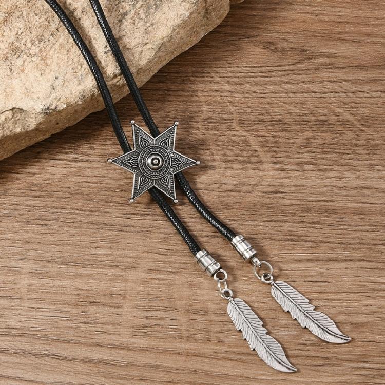 Men Women Western Cowboy Bolo Tie Vintage Turquoises Pendant Jewelry Leather Rope Necktie Tie Metal Feather Necklace