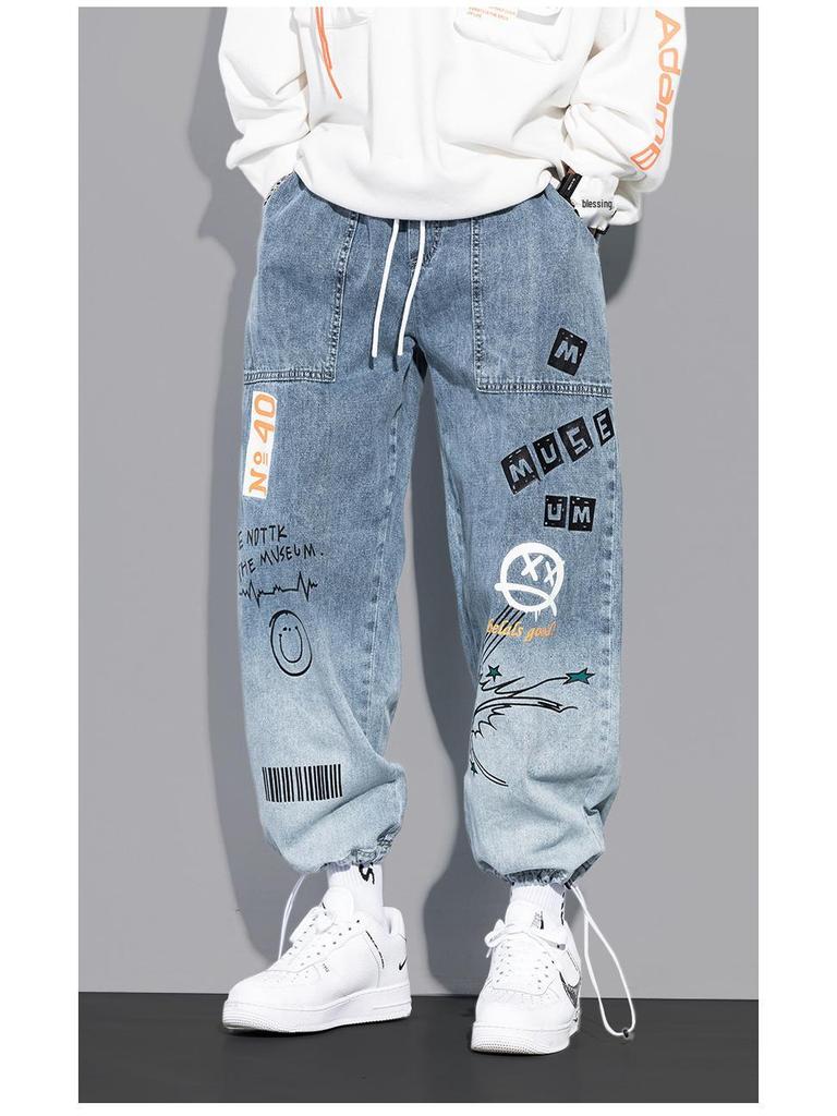 YOA Men's Autumn Graffiti Print Loose Jeans with Cartoon Design and Drawstring