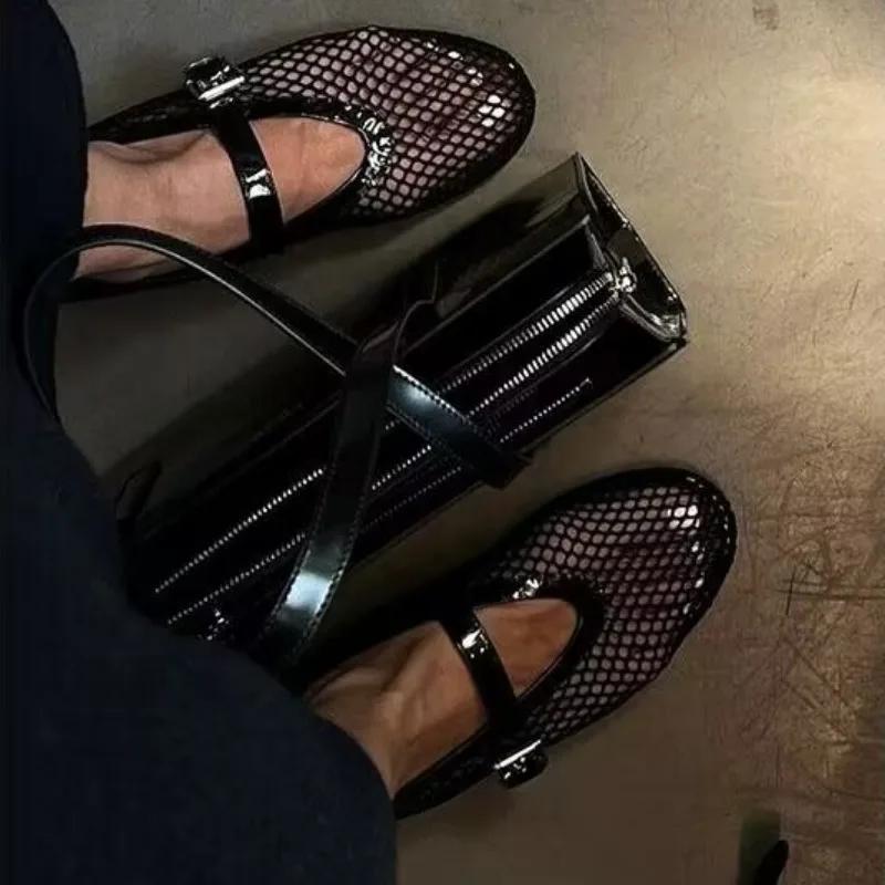 Fashion Mesh Black Ballet Shoes Female Summer New Flat Hollow Mesh Breathable Single Shoe Fishnet Shoes Sandals Mary Jane