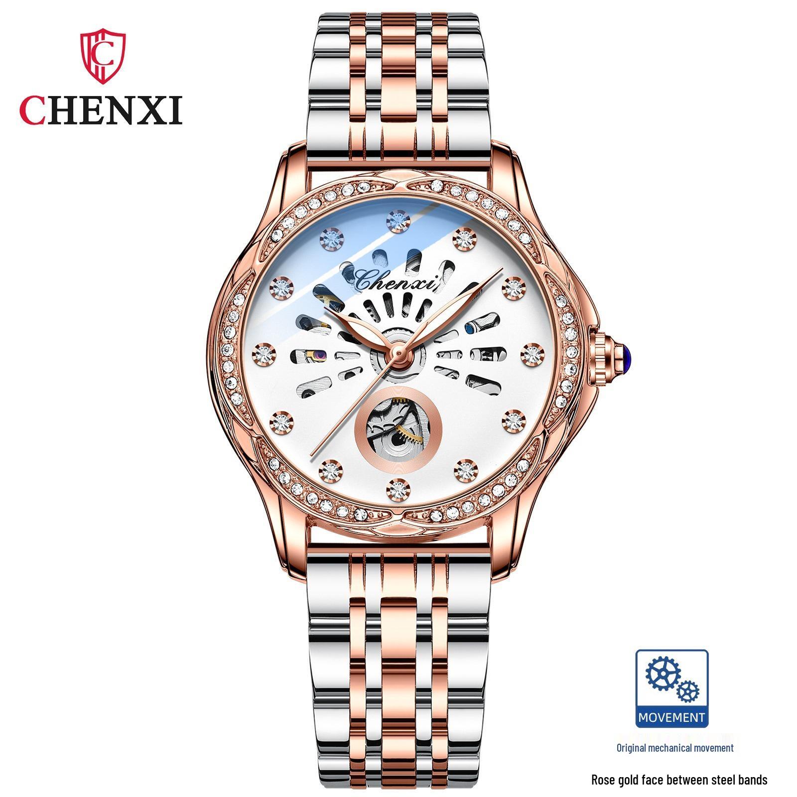 CHENXI Women s Luminous Waterproof Skeleton Mechanical Watch with Solid Steel Band
