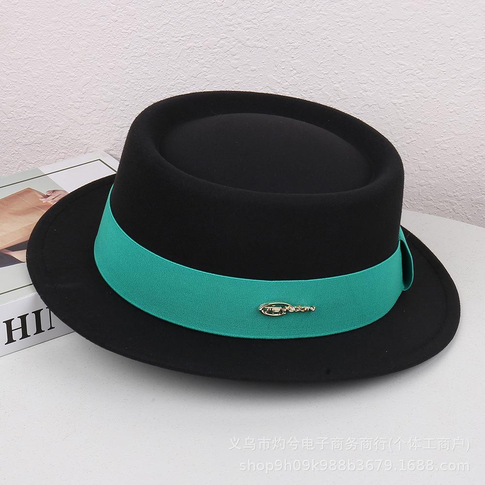 Autumn and Winter French Flat-brimmed Woolen Flat-top Top Top Hat Female British Show Small Face Simple Temperament Elegant Celebrity Style Jazz Hat