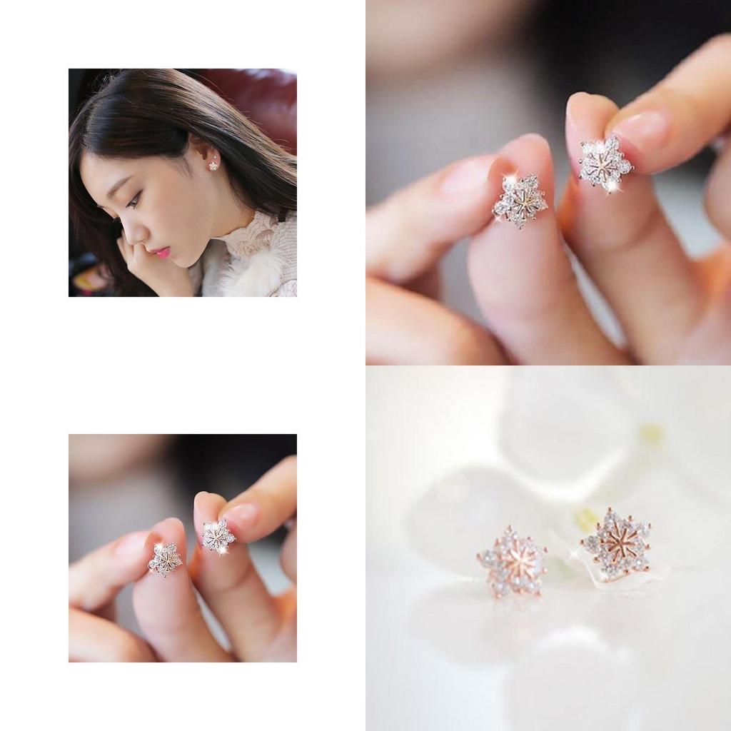 Elegant Rose Gold Cute Snowflake Crystal Stud Earrings With Timeless Five-pointed Star Design