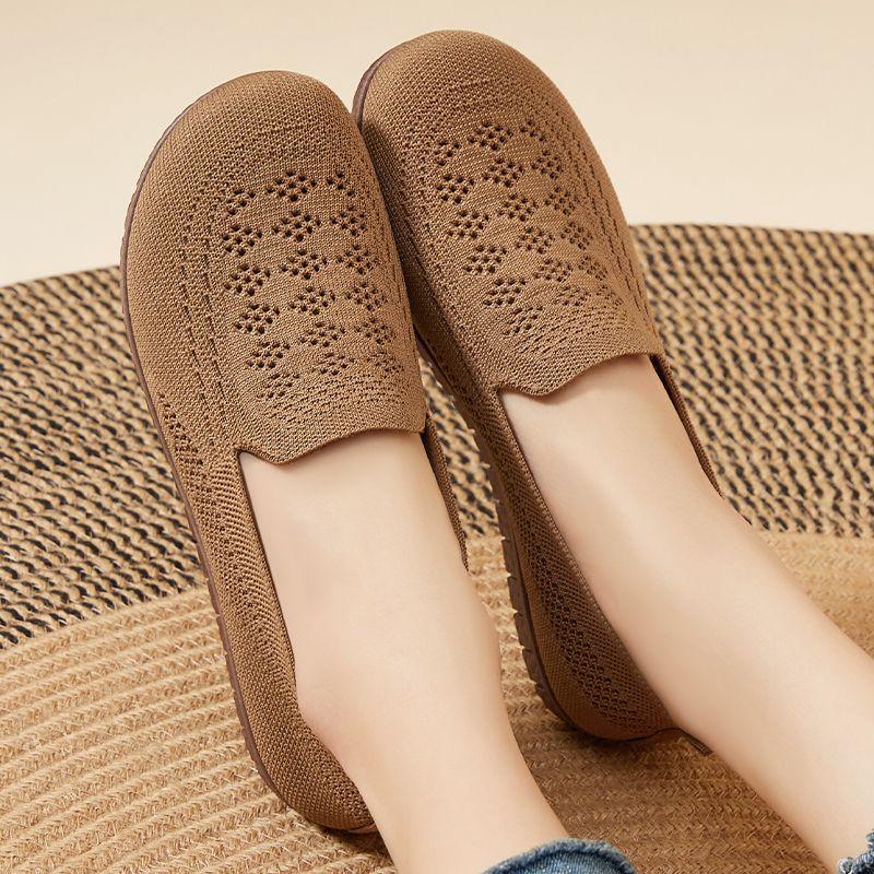 Jinshiyuanshu Shoes Women's Summer Shallow Mouth Mom Shoes Hollow Breathable Single Shoes Casual Shoes Soft Sole Comfortable Flat Shoes