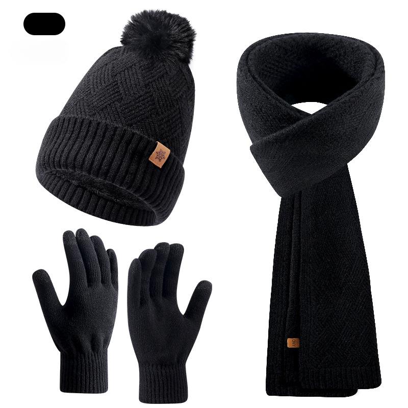 Knitted Hat, Scarf and Gloves Three-piece Set for Women, Autumn and Winter Outdoor Warm Double-layer Wool Knitted Hat