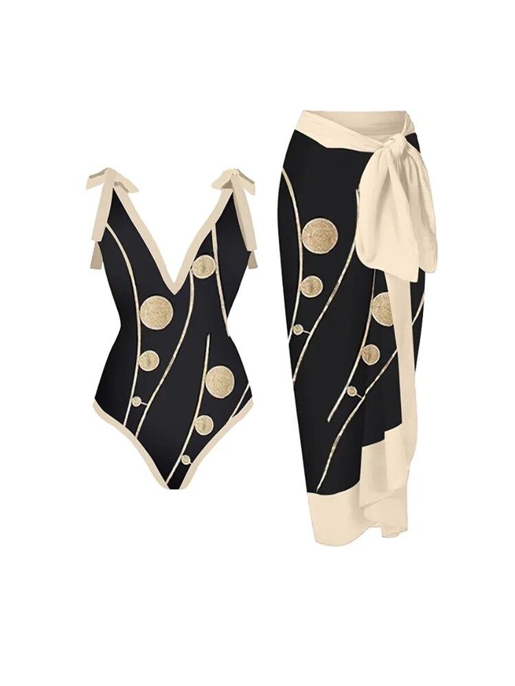 

Vintage Black and White Patchwork Bikini Sets Swimsuit & Skirt Women Sexy Slim One Piece Deep-V Swimwear Beach Bathing Suits