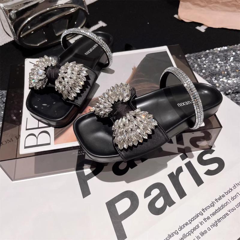 New Rhinestone Bow Slippers Mary Jane Beach Sandals Casual Vacation Outer Slippers Women's Shoes