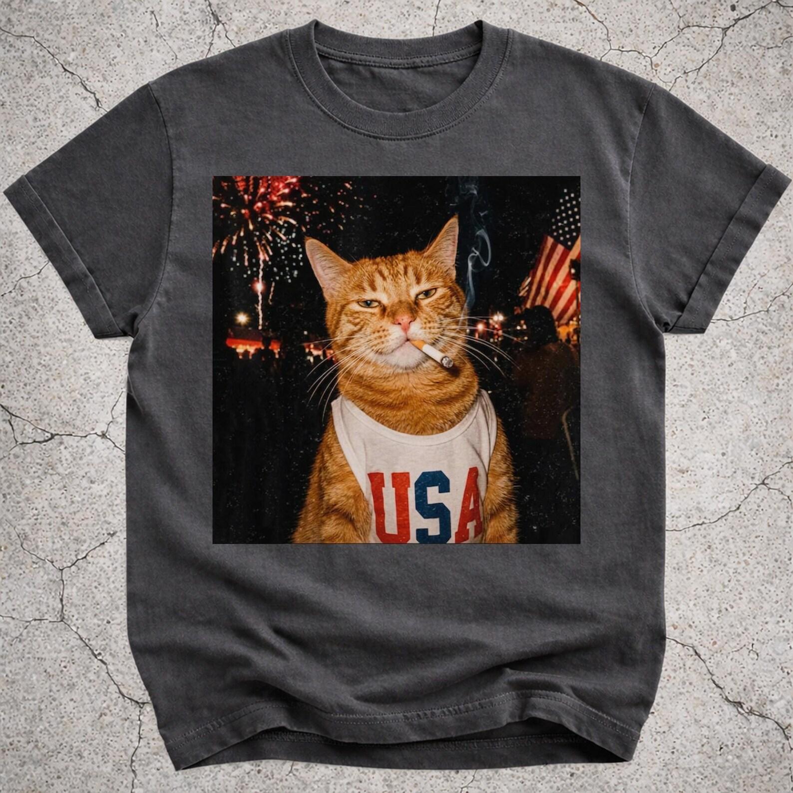 Patriotic Smoking Cat Shirt, Orange Cat 4th of July Tee, Funny Ginger Cat T-Shirt, Independence Day Gift, America 250 Tee S