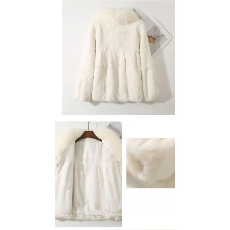 Trendy Winter Plus Size Short Faux Rabbit Fur Coat Faux Leather Fox Fur Collar Shearling Integrated Warm Outerwear