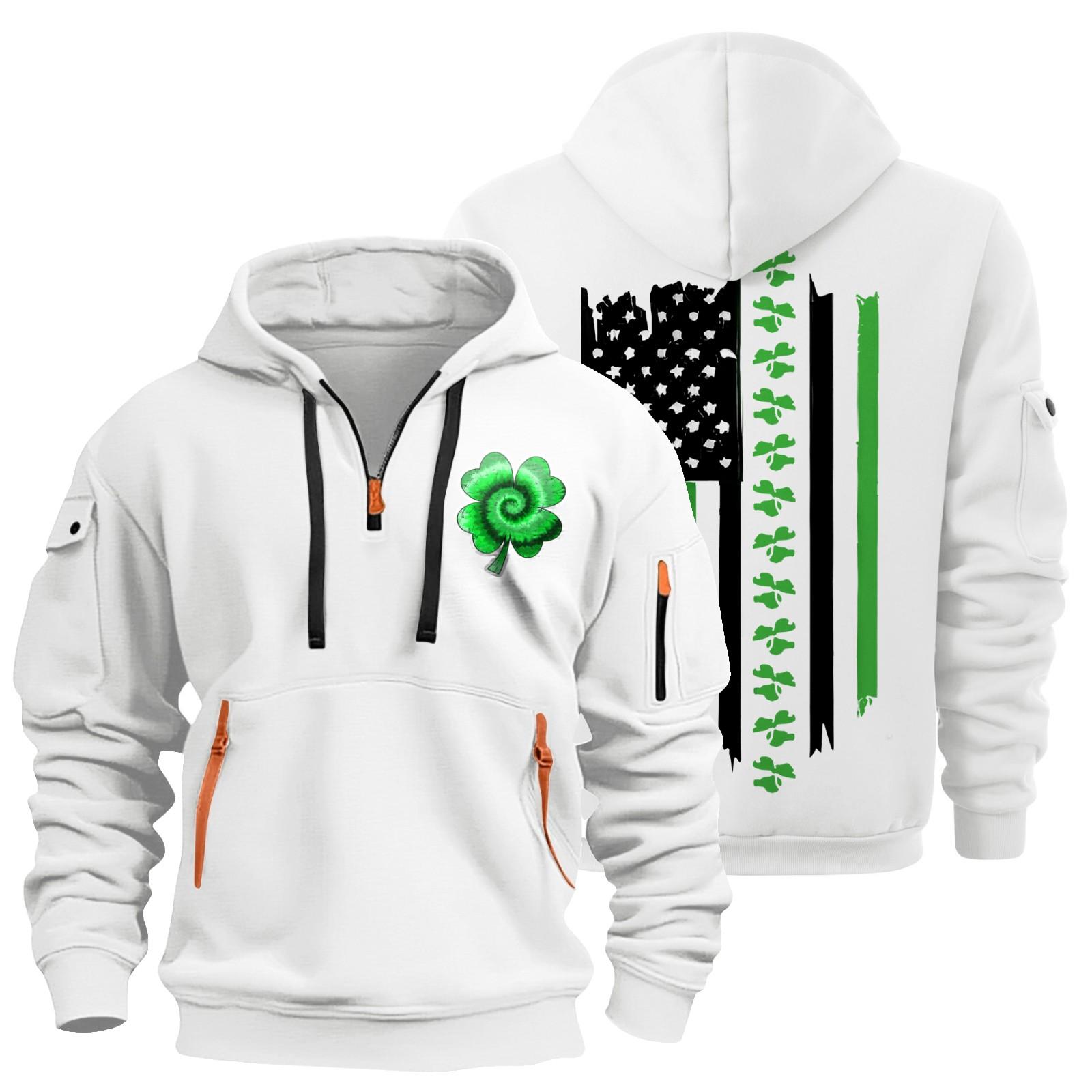 

улица. Толстовка с капюшоном Patrick s Green Flag Print для мужчин, пуловер на молнии для мужчин, спортивная повседневная толстовка больших размеров XL белый