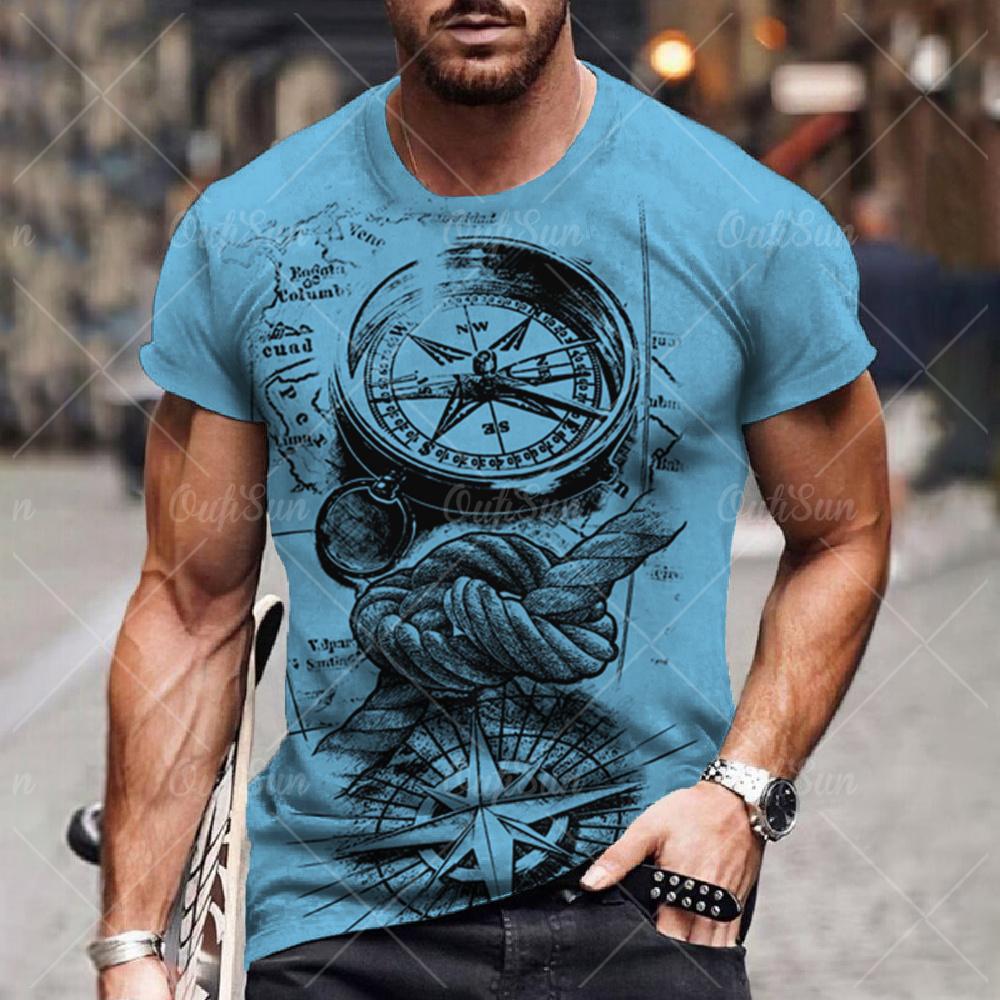 T-shirt imprimé boussole vintage pour hommes, chemise à manches courtes, hauts nautiques, sweat-shirt à col rond d'été, vêtements de créateur quotidiens pour hommes