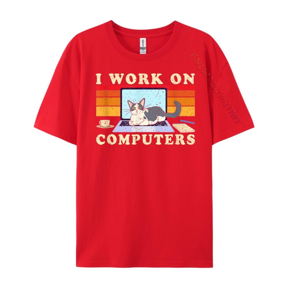 Funny Cat On Computer I Work On Computers Christian Tshirt Men Oversized T Shirt Men Printing Short sleeve S