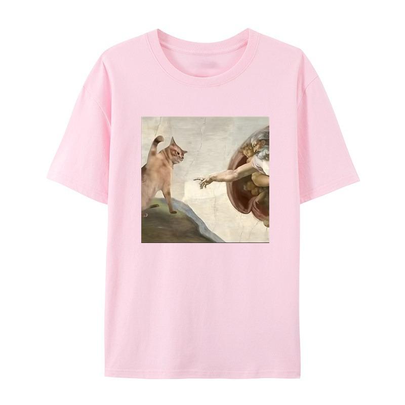Mythical Oil Painting Cat Funny Fun White Casual Tshirt Mens and Womens Luxury Brand Top
