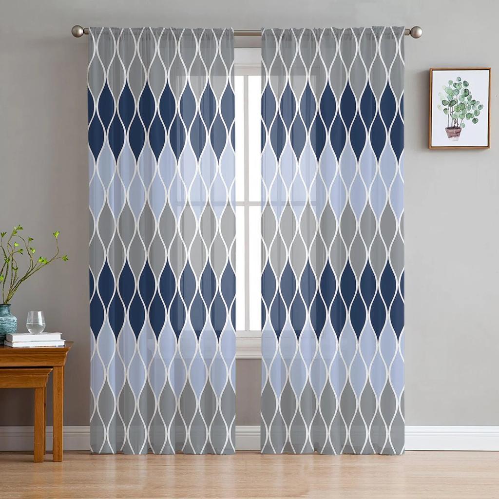 Geometric Yellow Gray Sheer Curtains For Living Room Bedroom Tulle Window Drapes For Kitchen Decoration