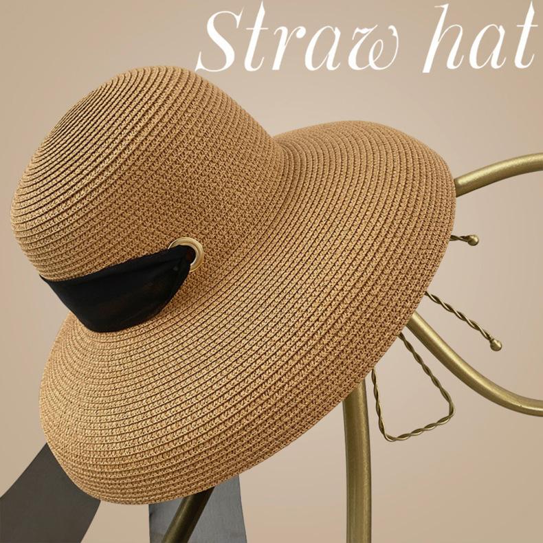 Hepburn Style Big-Brimmed Straw Hat Women'S Summer French Foldable Sunscreen Face Cover Vacation Beach Travel Sun Hat Flat Top