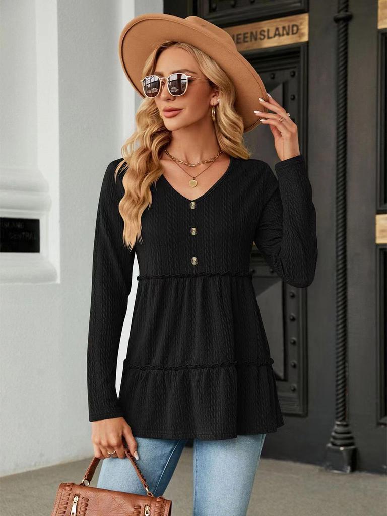 2024 Autumn/Winter V-neck Button Patchwork Loose Long Sleeve T-shirt