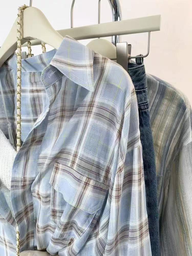2025 Women's Lazy Style Summer Plaid Shirt - Casual Mid-Length Long-Sleeved Top with Sun Protection