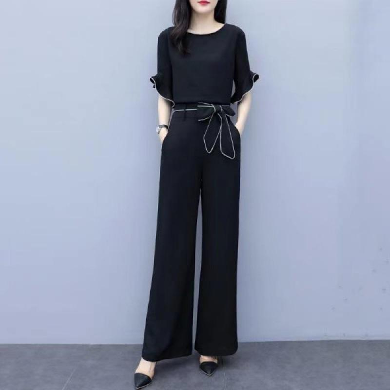 

2026 Women s Summer Elegant High-Waist Wide-Leg Pants Suit with Bow - Casual Two-Piece Set XL