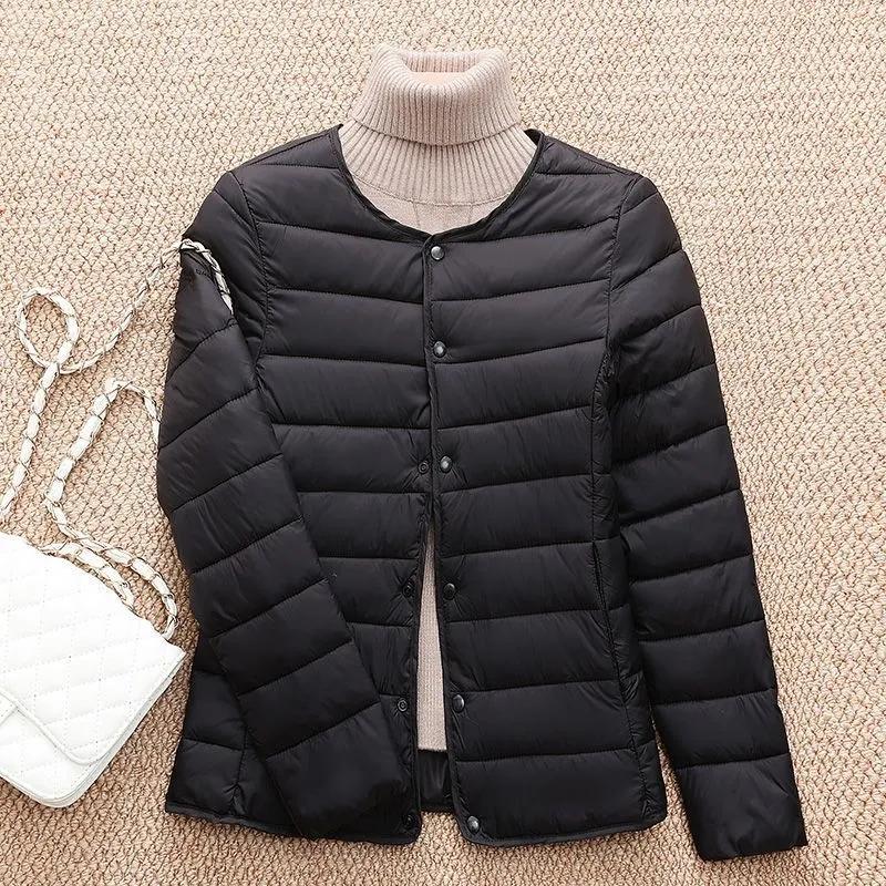 Women Warm Lightweight Puffer Jacket Autumn Winter Spring Cotton Down Padded Parkas Overcoat Collarless Round Neck Portable Female Liner
