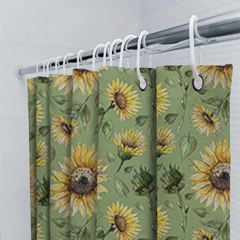 Sunflower Printed Shower Curtain Green Background With Yellow Flowers For Bathroom Decor Customizable