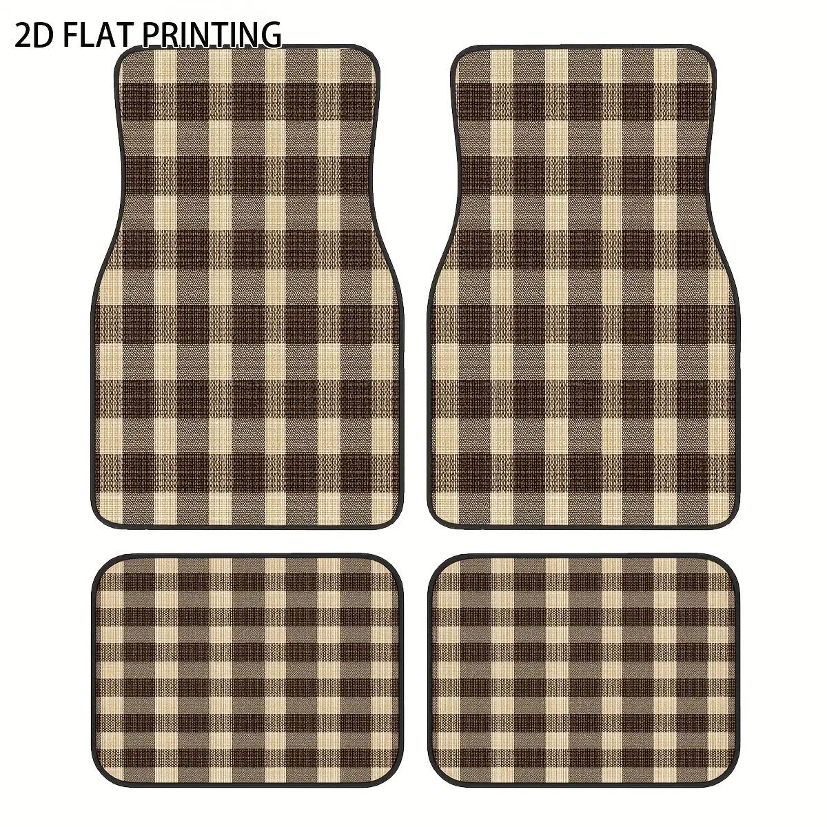 4pcs Classic Plaid Car Floor Mats - Brown & Checkered Pattern, All-Weather Polyester Fiber, Fit For All Vehicles, Durable & Easy