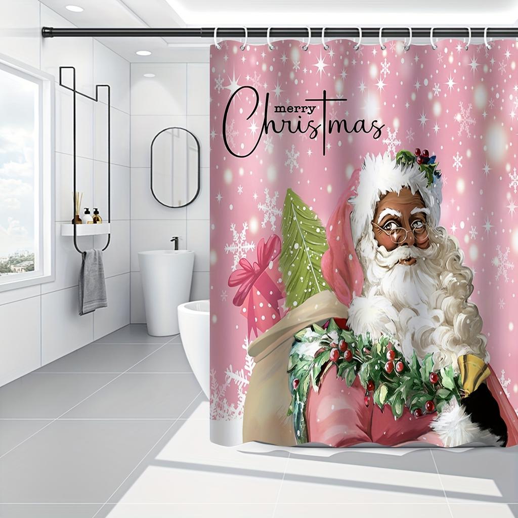 4-teiliges Weihnachtsmann-Duschvorhang-Set, wasserdichter Duschvorhang mit 12 Haken an der Rückseite, Badezimmermatte, U-förmiger WC-Vorleger, WC-Deckel-Pad