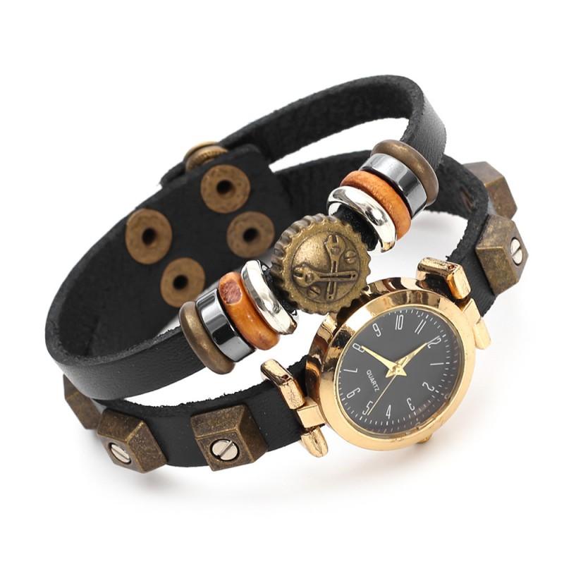 Vintage Punk Mens Leather Watch With Handmade Beaded Band Digital Quartz Wristwatch Adults