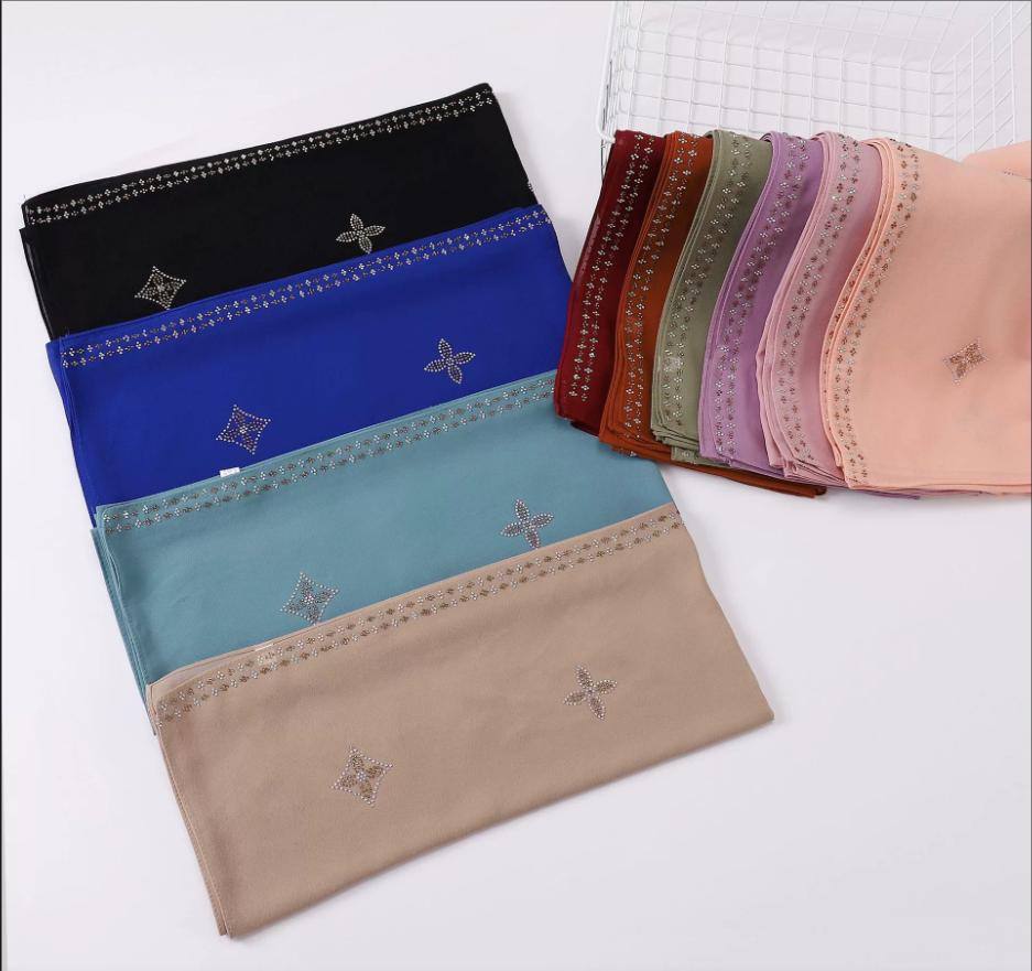 New Chiffon Hijab With Rhinestones Diamonds Scarf Shawls Solid Headscarf Wraps Ramadan Eid Hijabs Glitter Headband Turban