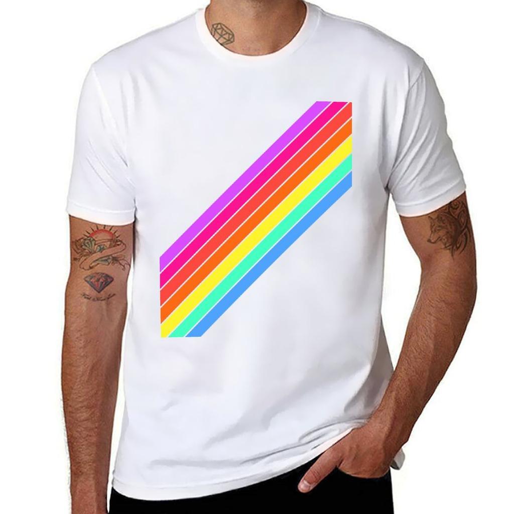 Retro Rainbow Stripes TShirt Basic Short Sleeve Cotton Blend TShirt