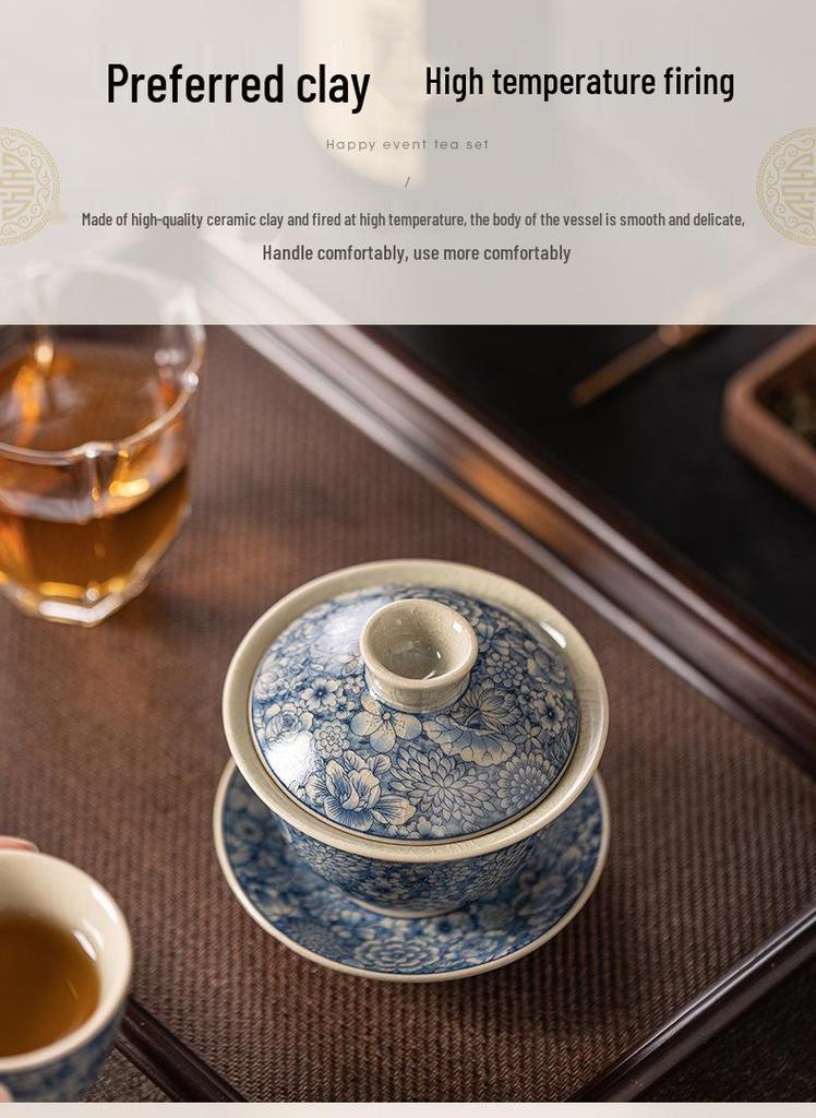 Blue and White Porcelain Ru Kiln Tea Set – Retro Lidded Bowl Tea Cup with Blossoms, Anti-Scald Design for Brewing Tea