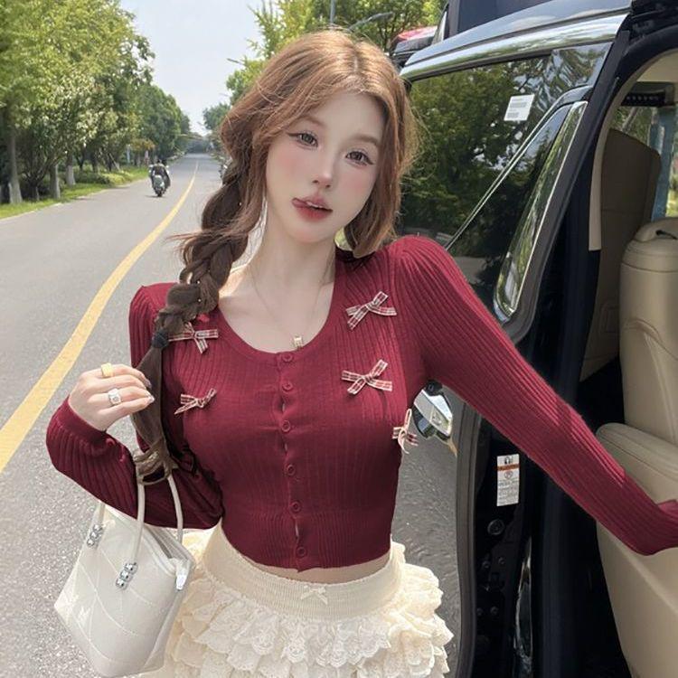 

Женский повседневный кардиган в стиле колледж с бантом - Маленький, Круглый вырез, Осень/Зима One Size вино красного