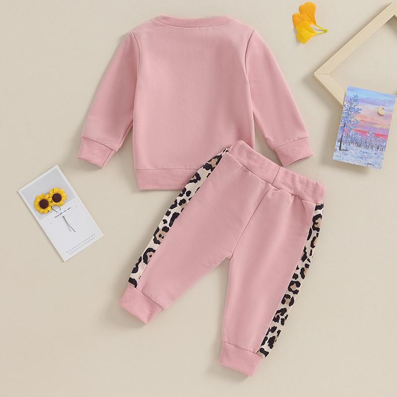 Toddler Girl Fall Clothes Letter Leopard Print Long Sleeve Pullover Strap Pants 2 Pcs Outfit