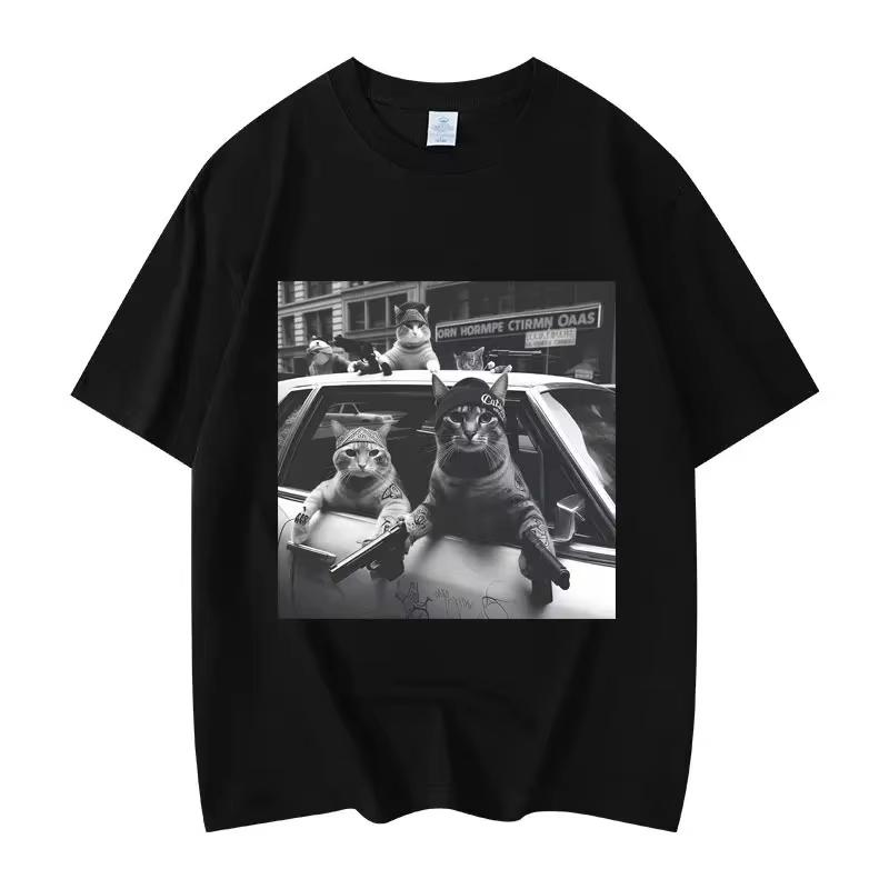 Mens and womens fashionable retro short sleeved Tshirt highquality oversized Tshirt fun cat help Meme pattern Tshirt S
