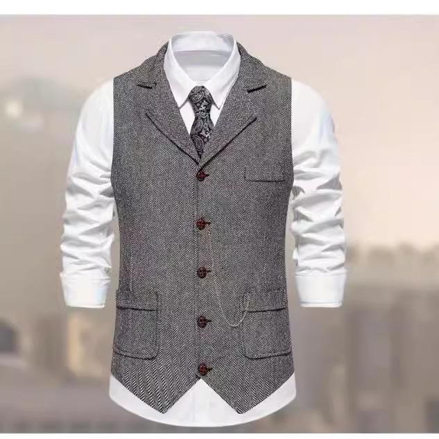 2025 Europäische Herren Tweed Anzugweste mit Vintage Kette und Fischgrätenmuster