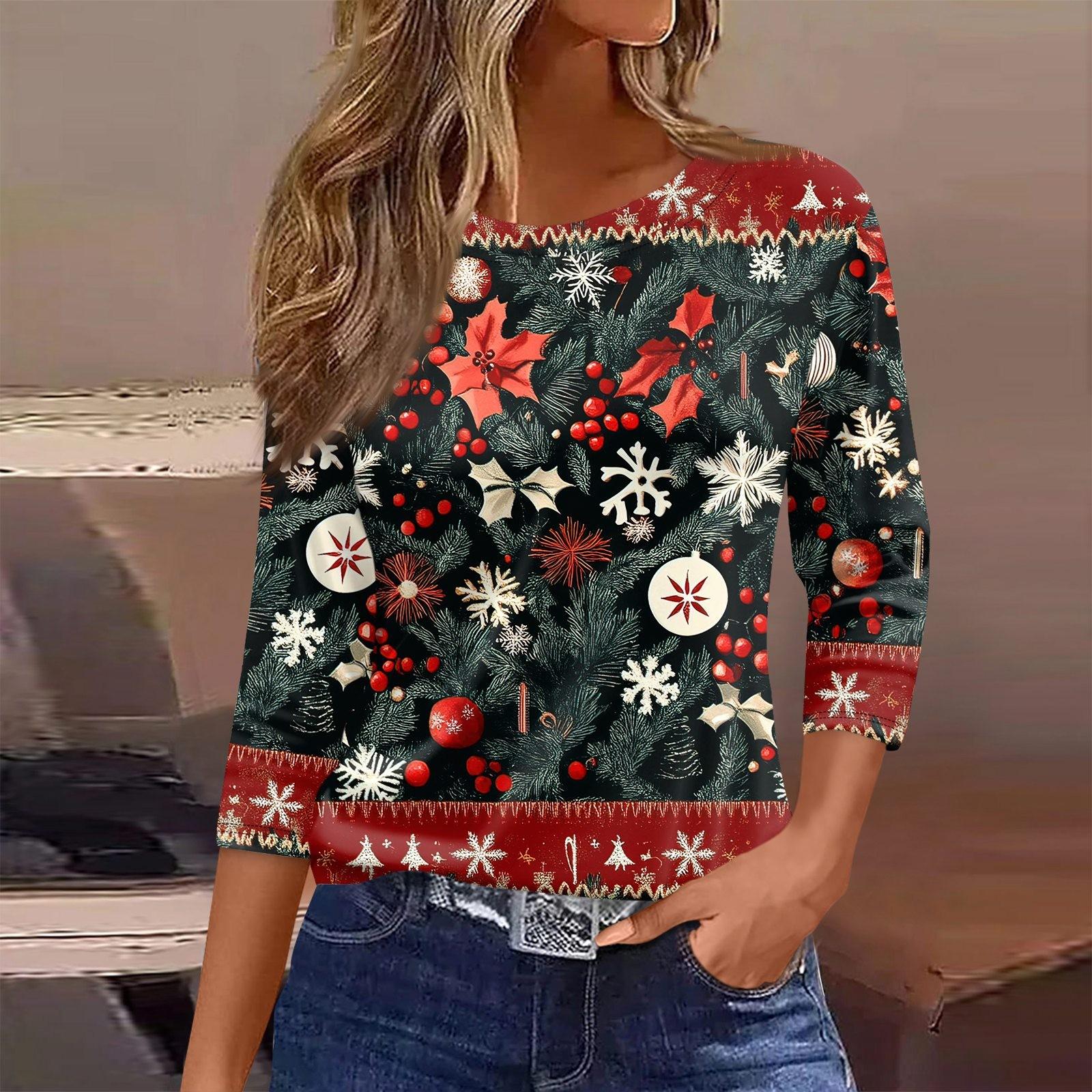 

Женская футболка с рождественским принтом, рукав 3/4, повседневная, модная, на выходные, базовая, с круглым вырезом, стандартный топ S тёмно-синий