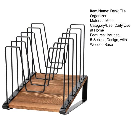 Inclined Desk File Organizer 5-Section Vertical File Folder Holder Stand Office Classroom Home Workspace Metal File Sorter Rack with Wooden Base