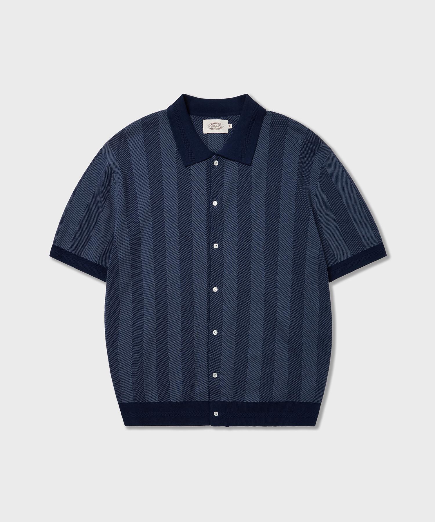 Amphist Mojito Herringbone Knit Shirt Navy Navy/Medium