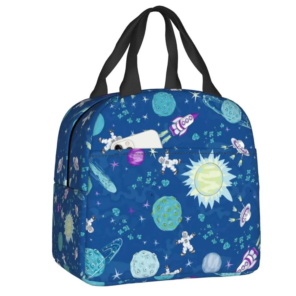 Cartoon Space Planet Rocket Thermal Insulated Lunch Bag Women Astronaut Spaceship Portable Lunch Box for Kids School Food Bags