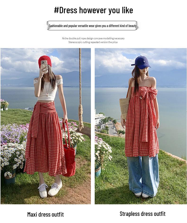 American Trendy Spicy Girl: Versatile Plaid Pleated Long Skirt + Strapless Plaid Umbrella Top